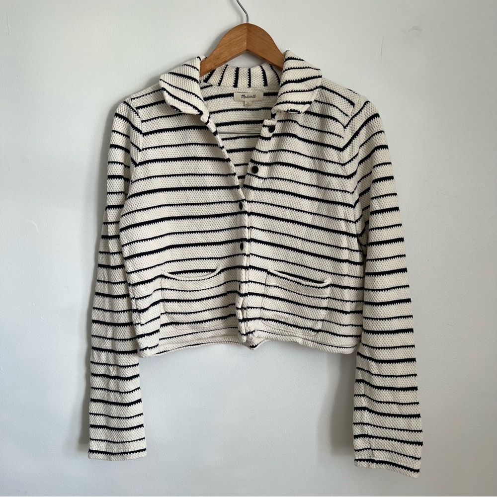 Madewell White and Navy Striped Cardigan Sweater